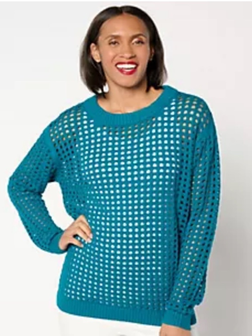 Joan Rivers Teal Open-Knit Crewneck Sweater